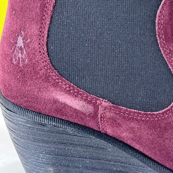 Fly London Yade398Fly Oil Suede Wedge Heel Chelsea Boots Wine Women 6.5/EU37 - Picture 7 of 11